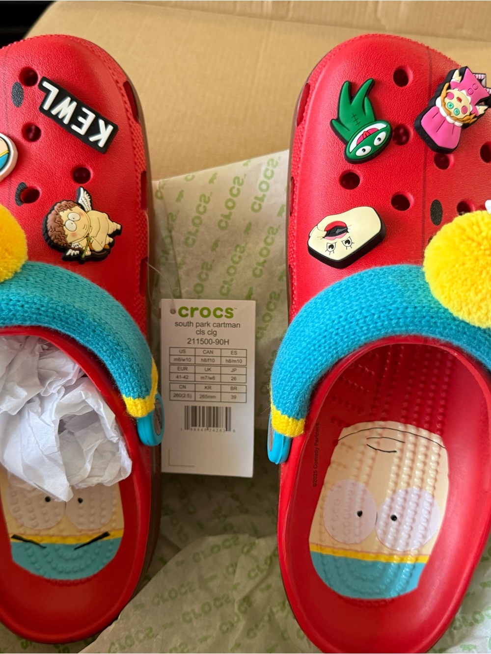 CROCS Red South Park Cartman Clog with Turquoise Knit Strap and Yellow Pom
